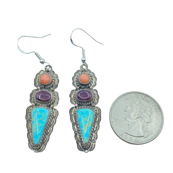 Sterling Silver 3 Stone Stamped Turquoise Coral Sugalite Dangle Earrings Native - Picture 7 of 10